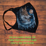 Wolf Dreamcatcher face mask/Glow in the dark/3D graphic print/2 Layers open pocket/Native American pride
